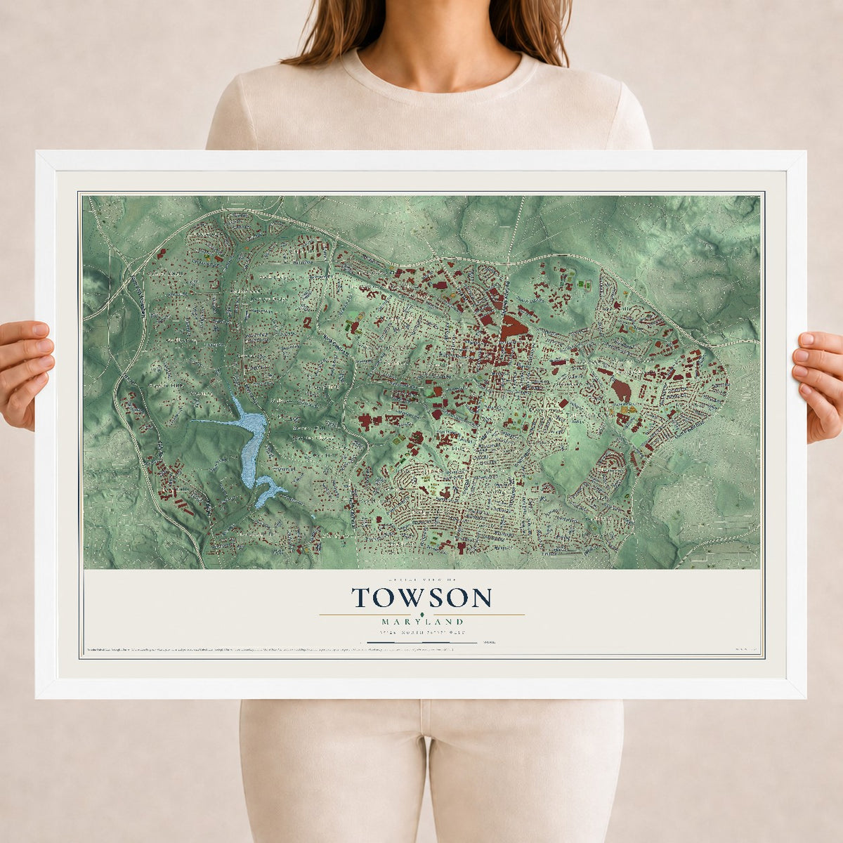 Map of Towson, Maryland, 18 x 24 inch print in a white wood frame