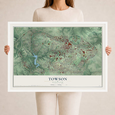 Map of Towson, Maryland, 24 x 36 inch print in a white wood frame