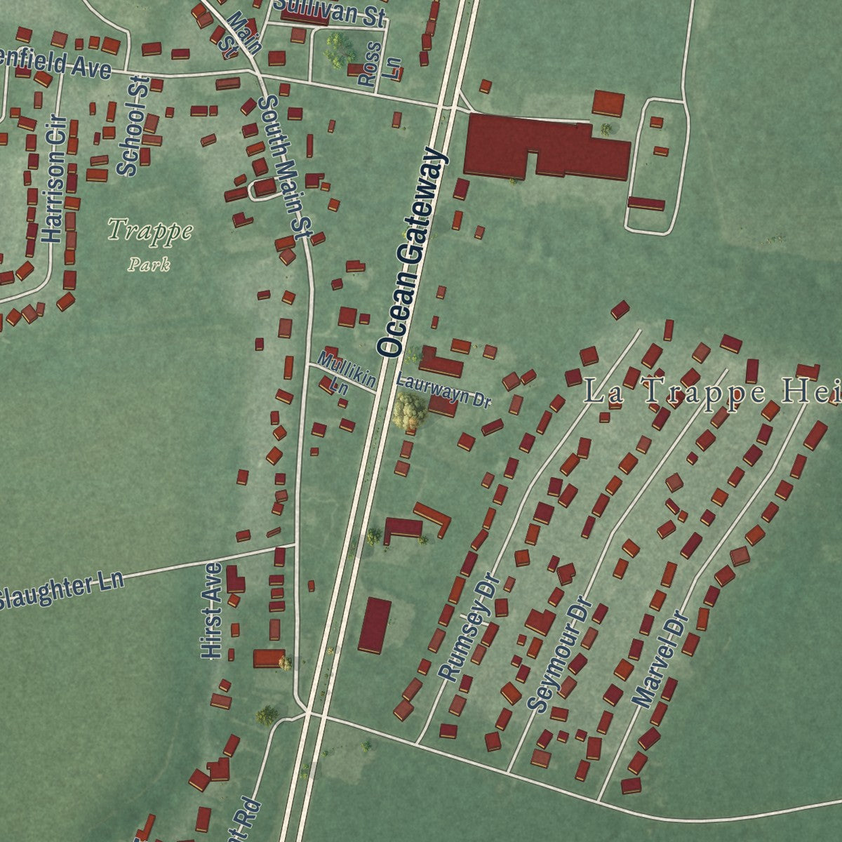 Close-up of the map of Trappe, Maryland print showing street and building detail