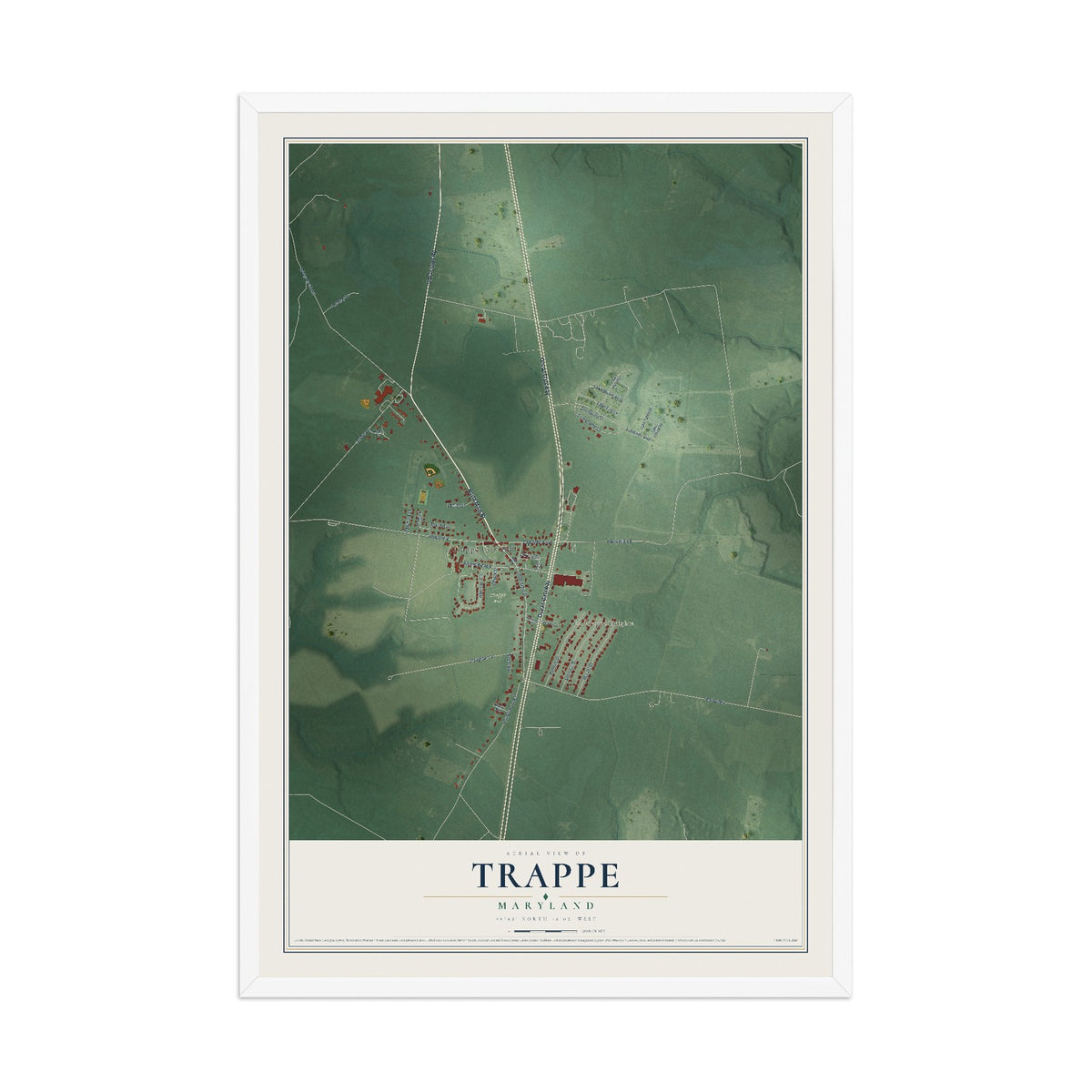 Map of Trappe, Maryland, 12 x 18 inch print in a white wood frame