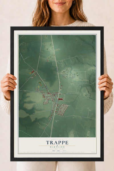 Map of Trappe, Maryland, 18 x 24 inch print in a black wood frame
