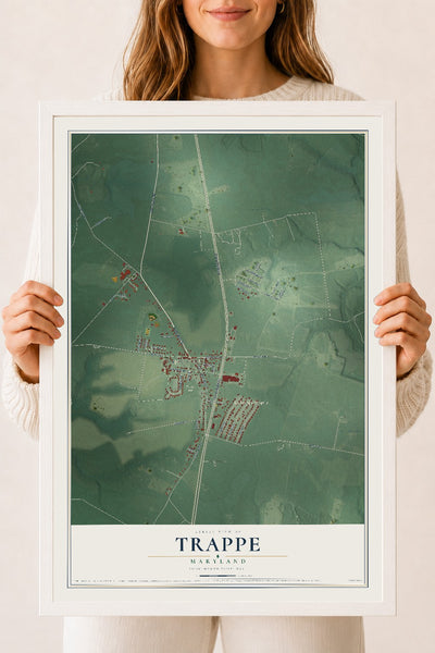Map of Trappe, Maryland, 18 x 24 inch print in a white wood frame