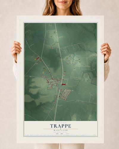 Map of Trappe, Maryland, 24 x 36 inch print in a white wood frame