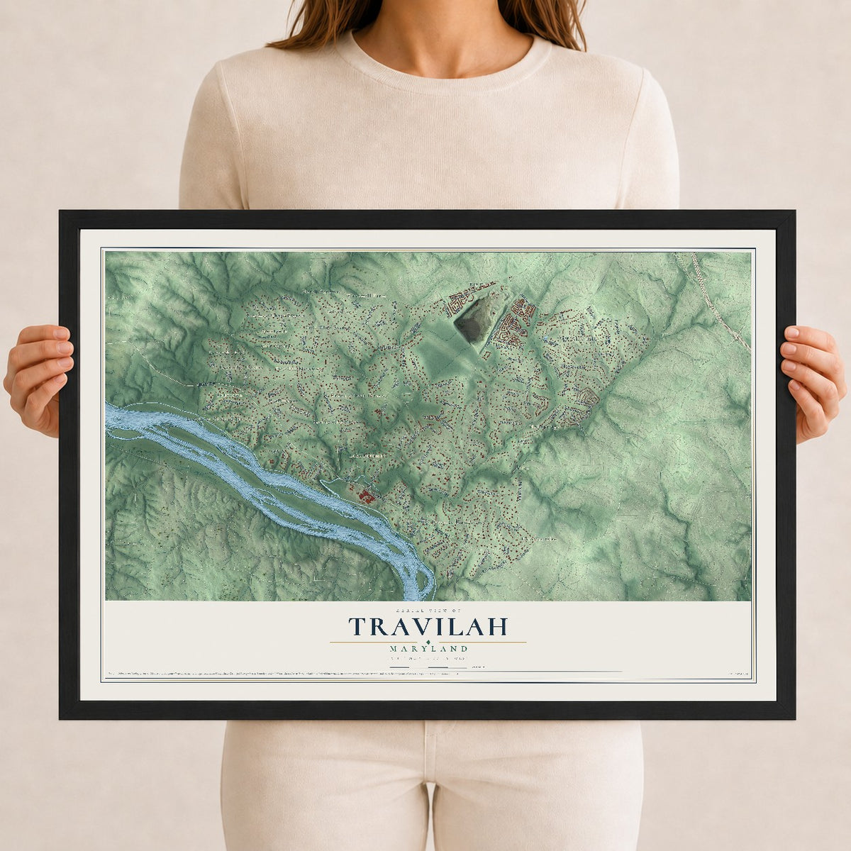 Map of Travilah, Maryland, 12 x 18 inch print in a black wood frame