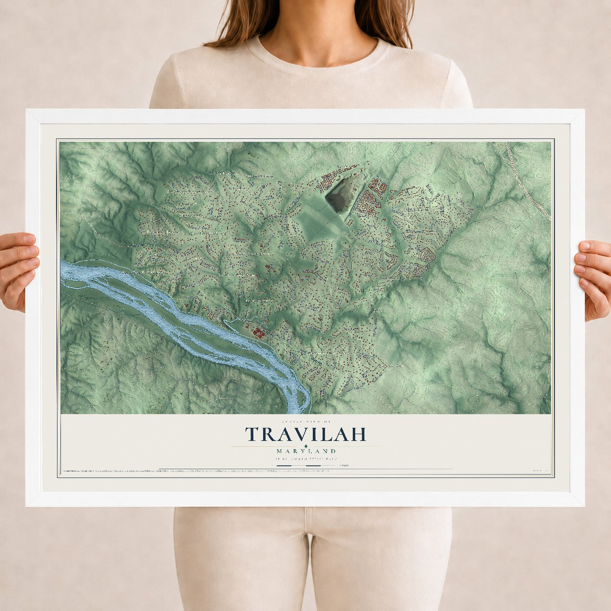 Map of Travilah, Maryland, 18 x 24 inch print in a white wood frame