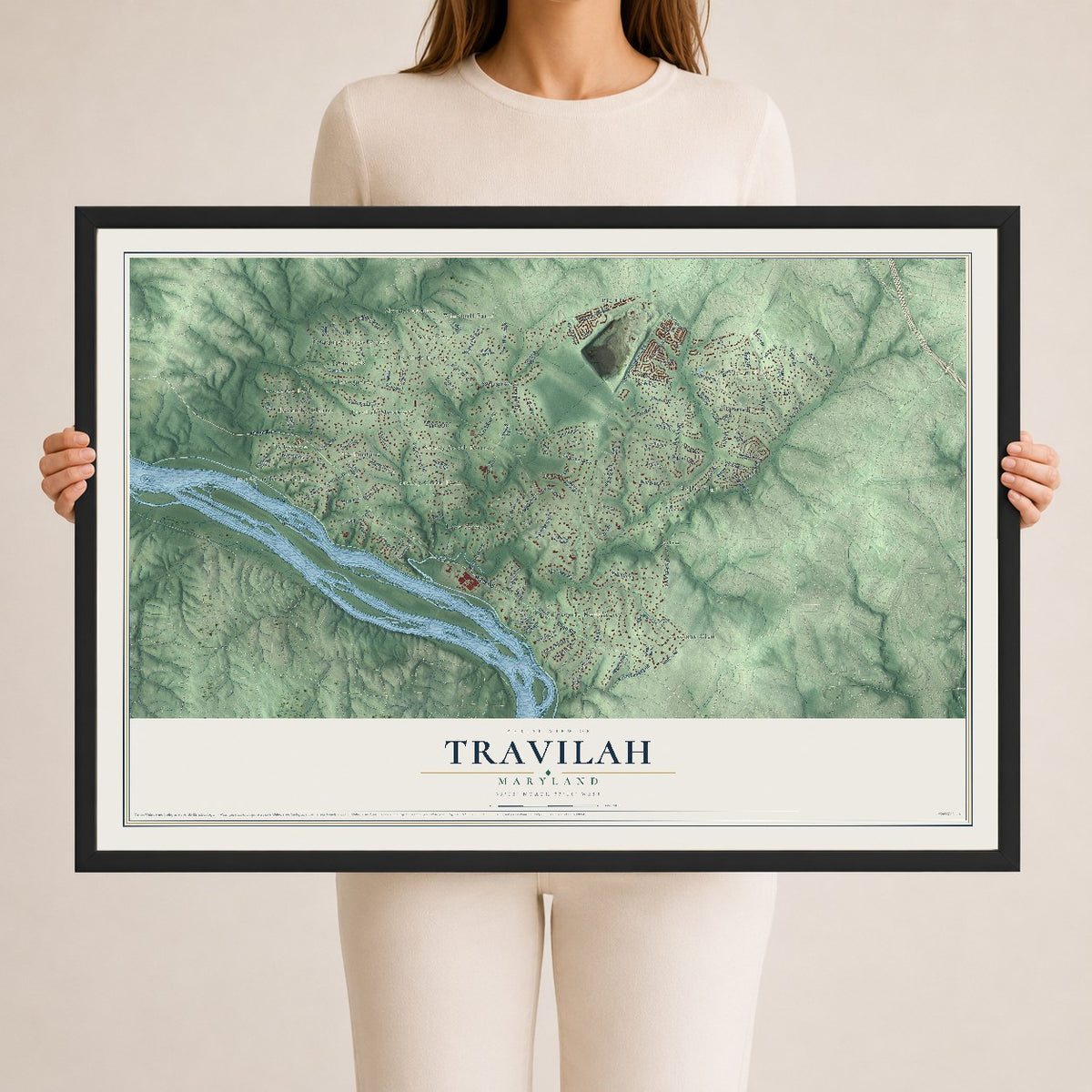 Map of Travilah, Maryland, 24 x 36 inch print in a black wood frame