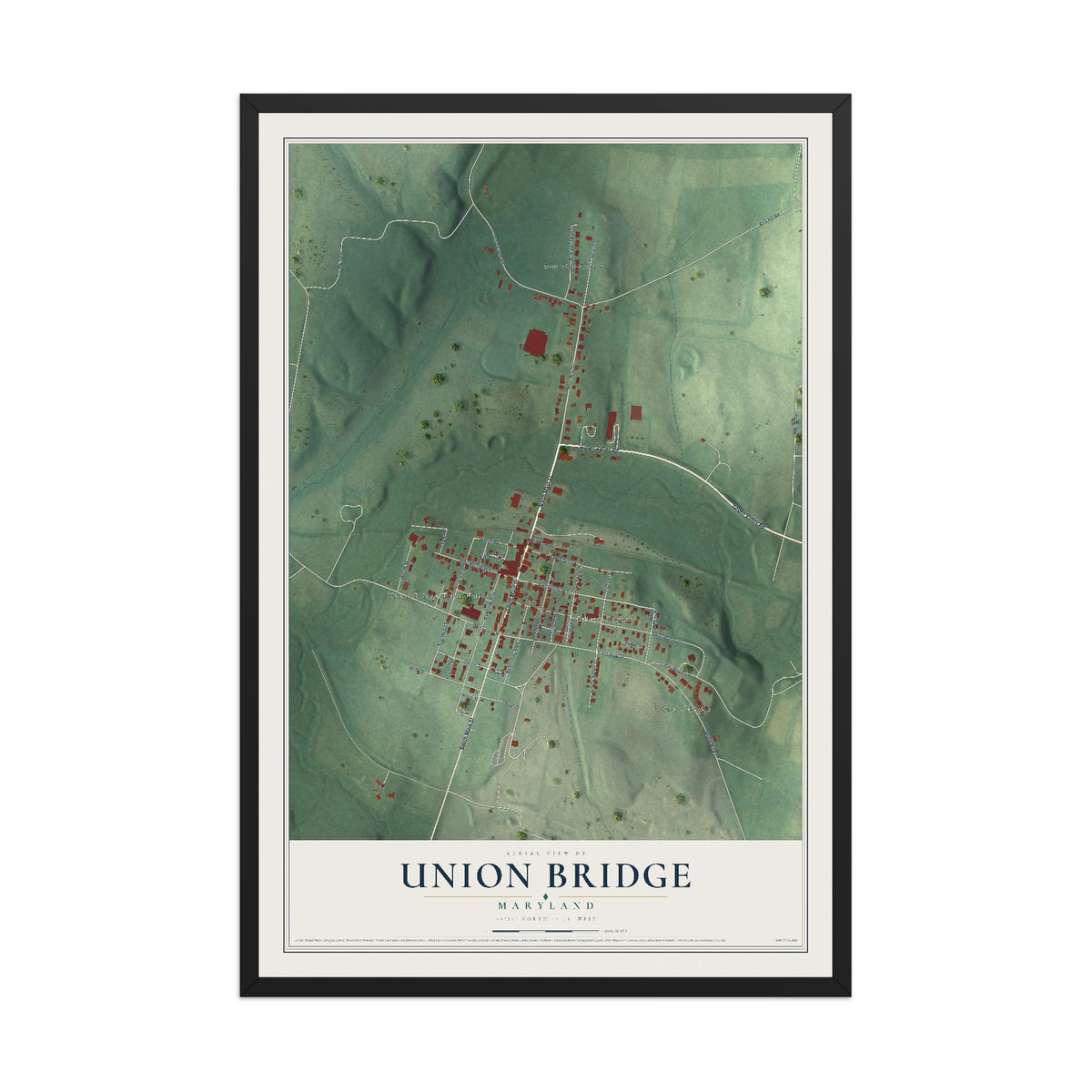 Map of Union Bridge, Maryland, 12 x 18 inch print in a black wood frame