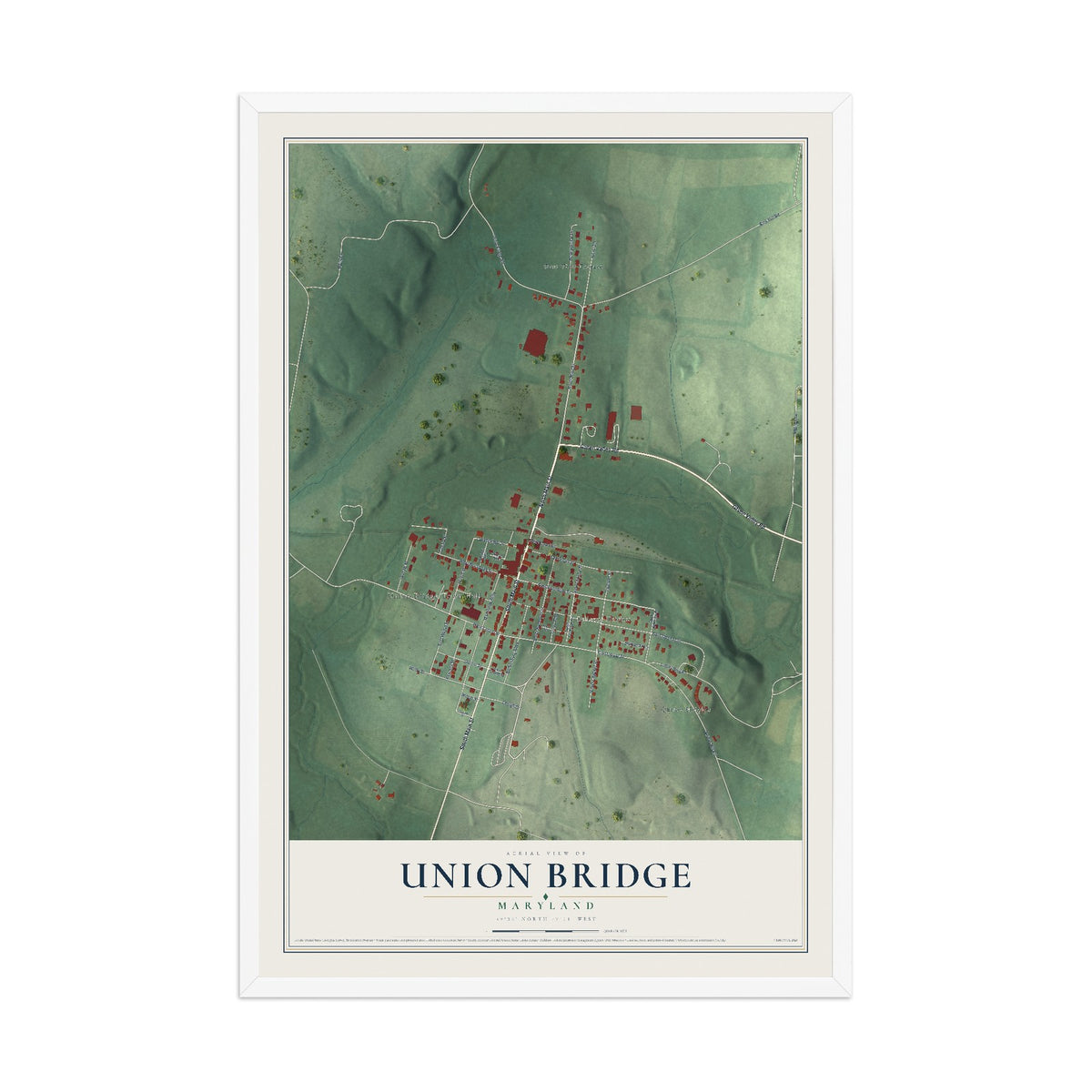 Map of Union Bridge, Maryland, 12 x 18 inch print in a white wood frame