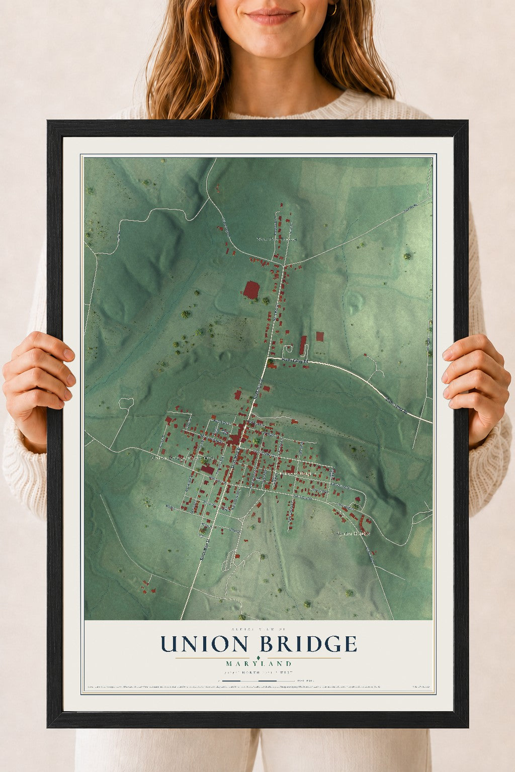Map of Union Bridge, Maryland, 18 x 24 inch print in a black wood frame