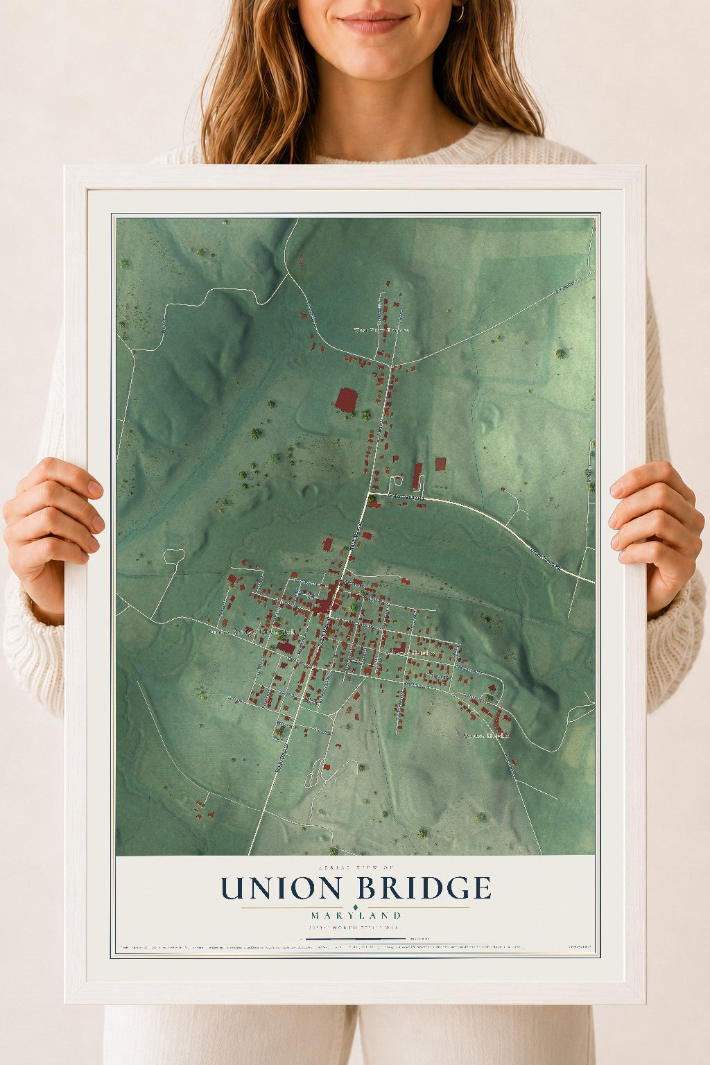 Map of Union Bridge, Maryland, 18 x 24 inch print in a white wood frame