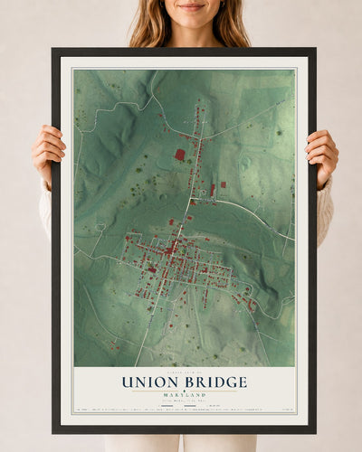 Map of Union Bridge, Maryland, 24 x 36 inch print in a black wood frame