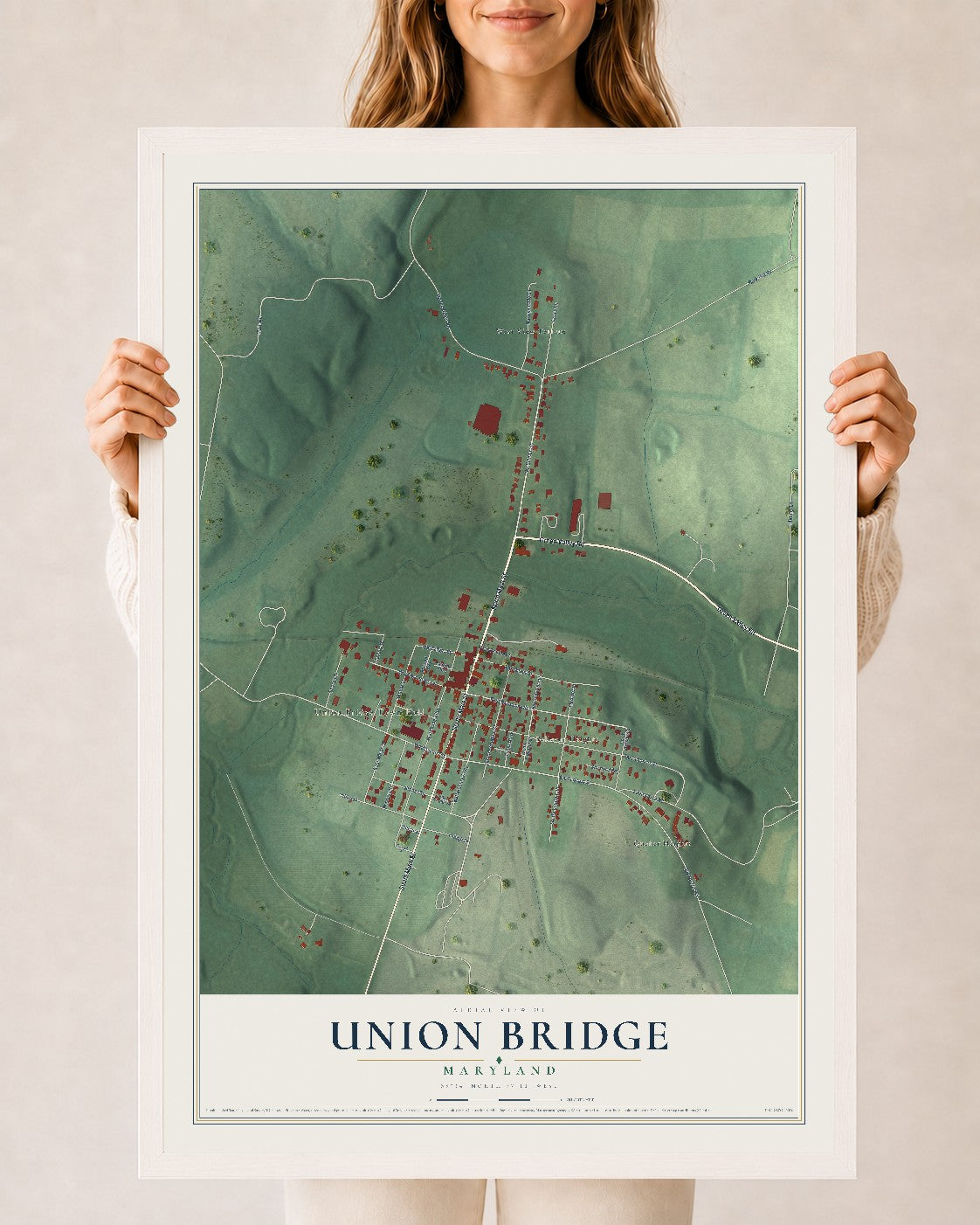 Map of Union Bridge, Maryland, 24 x 36 inch print in a white wood frame