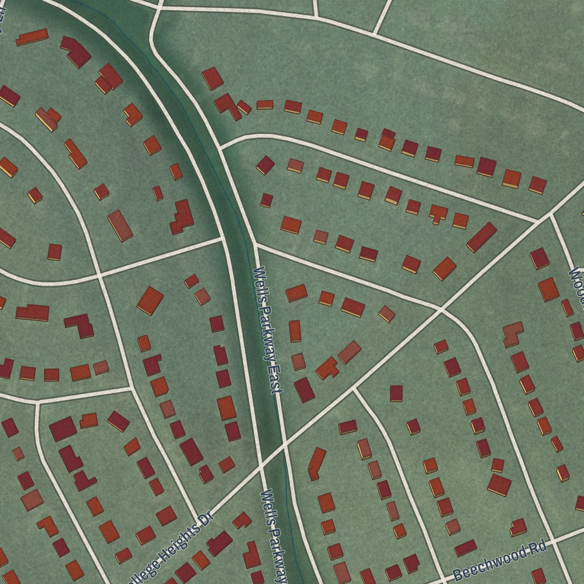 Second close-up of the map of University Park, Maryland print showing more streets and buildings