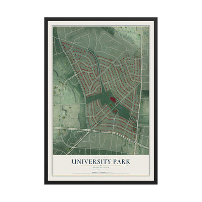 Map of University Park, Maryland, 12 x 18 inch print in a black wood frame