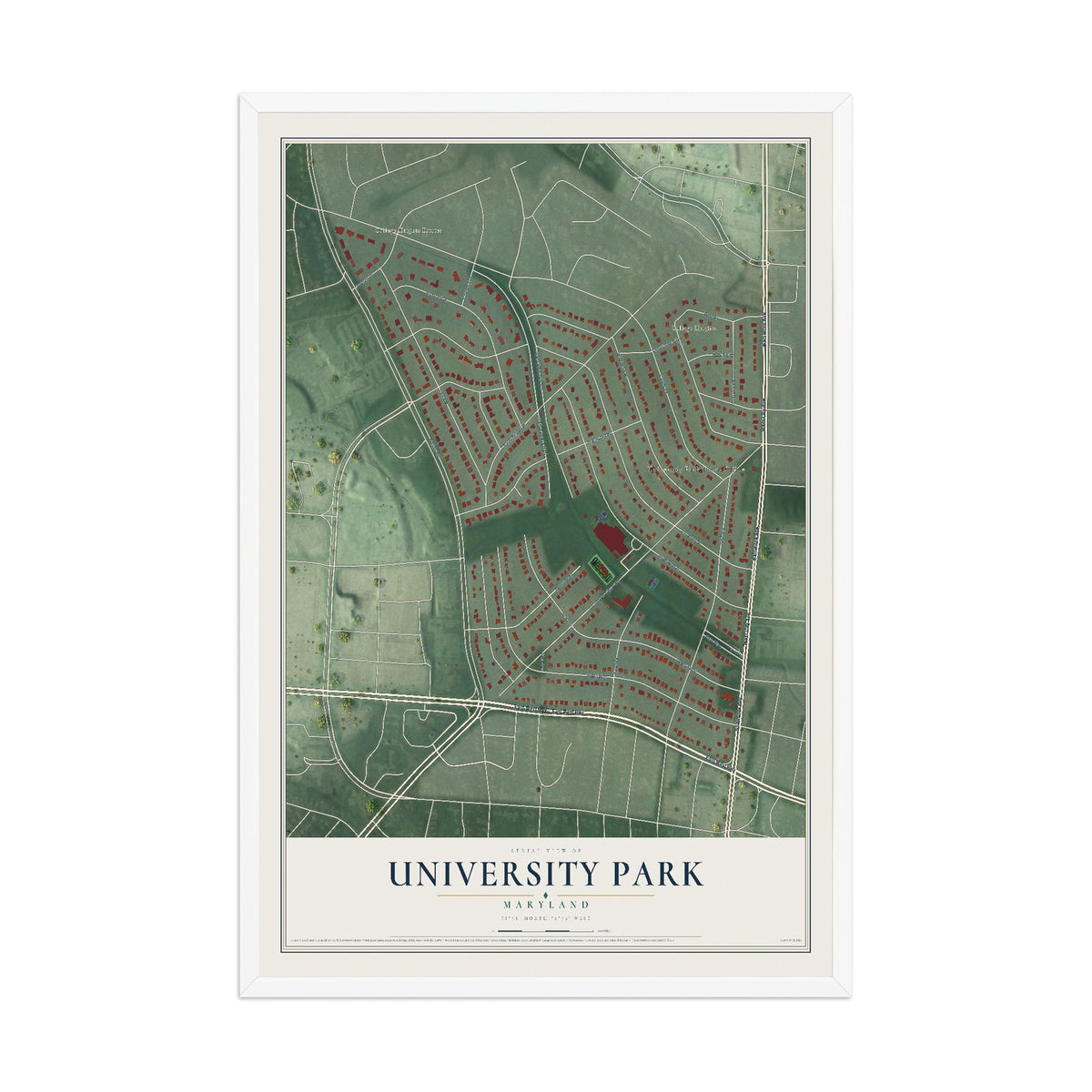 Map of University Park, Maryland, 12 x 18 inch print in a white wood frame