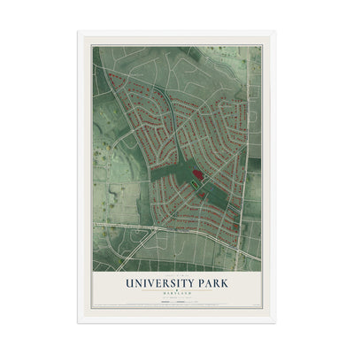 Map of University Park, Maryland, 12 x 18 inch print in a white wood frame