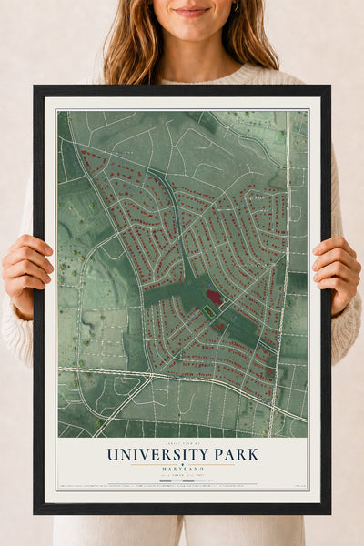 Map of University Park, Maryland, 18 x 24 inch print in a black wood frame