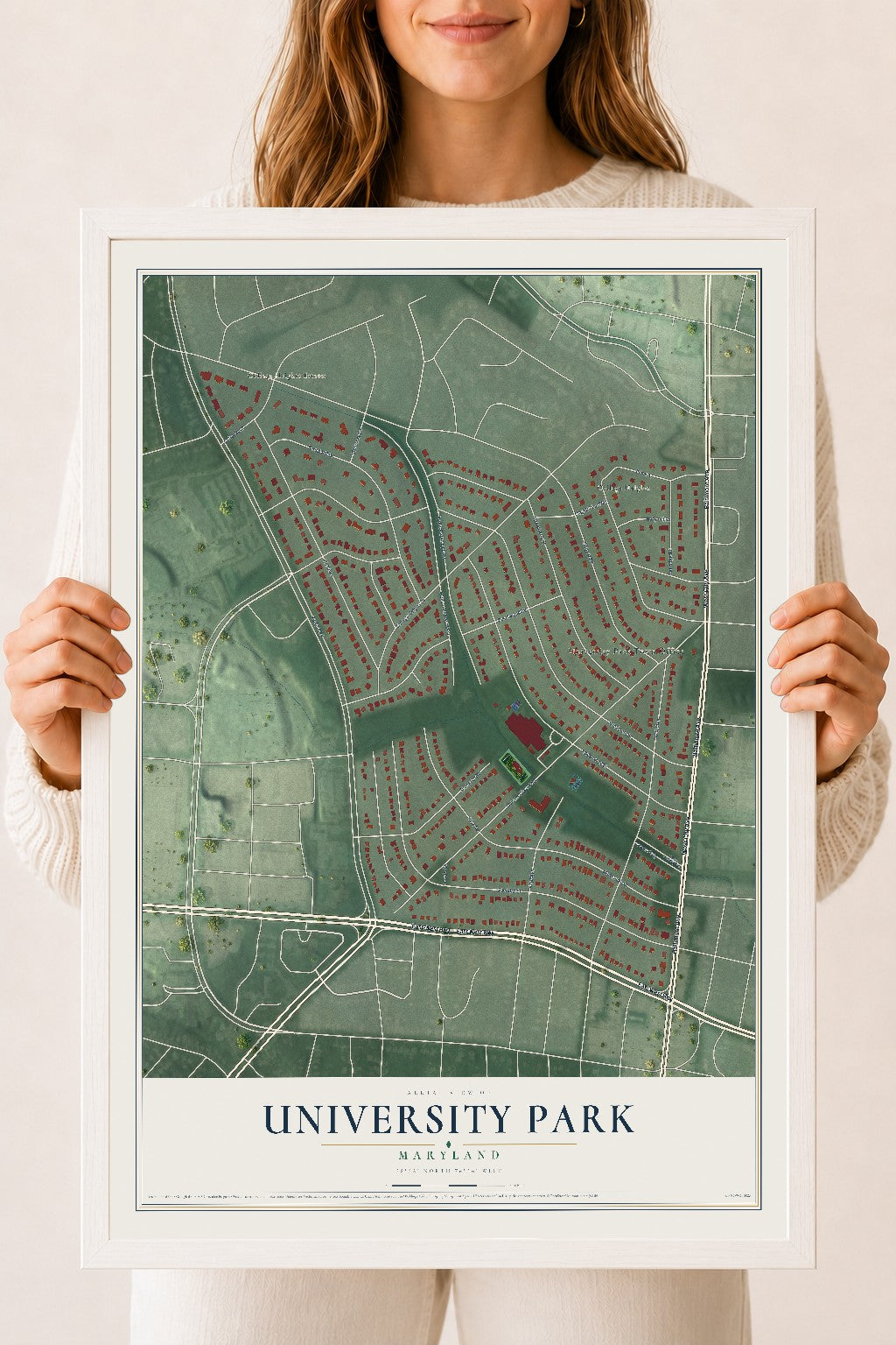 Map of University Park, Maryland, 18 x 24 inch print in a white wood frame
