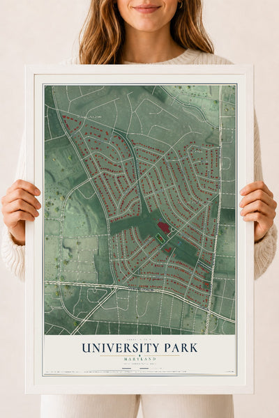 Map of University Park, Maryland, 18 x 24 inch print in a white wood frame