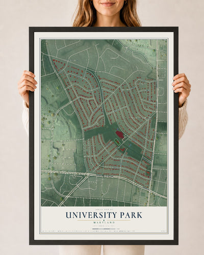 Map of University Park, Maryland, 24 x 36 inch print in a black wood frame