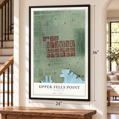 Upper Fells Point, Baltimore, Maryland map, 24 x 36 inch print in a black frame by a staircase