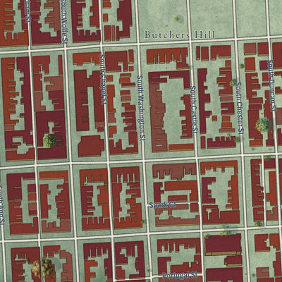 Close-up of the map of Upper Fells Point, Baltimore, Maryland print showing street and building detail