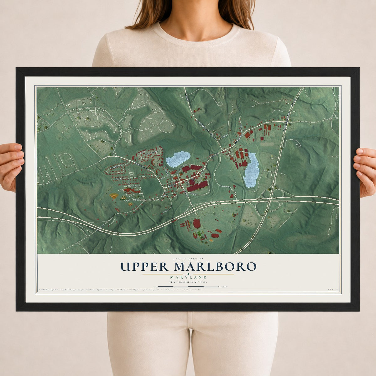 Map of Upper Marlboro, Maryland, 18 x 24 inch print in a black wood frame