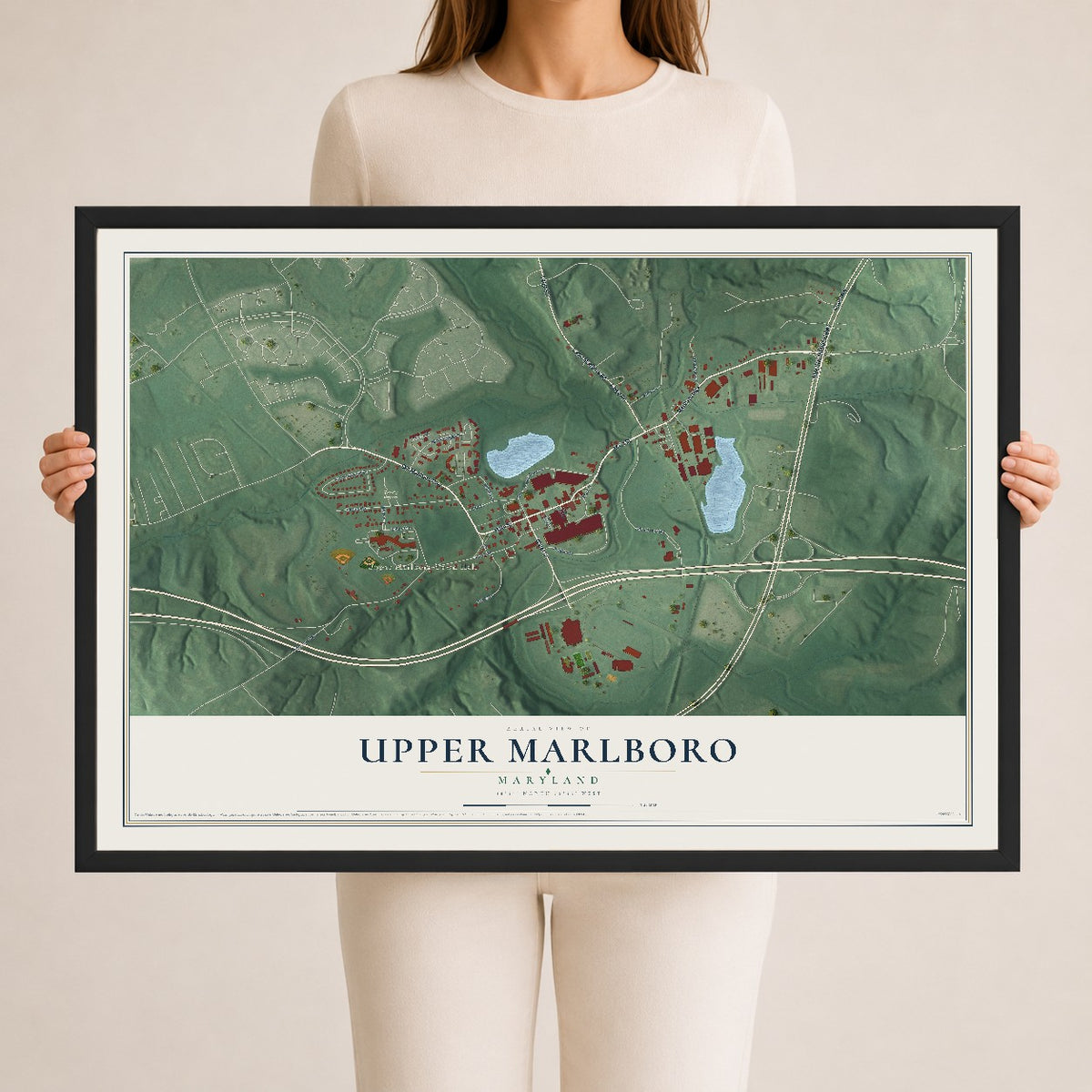 Map of Upper Marlboro, Maryland, 24 x 36 inch print in a black wood frame