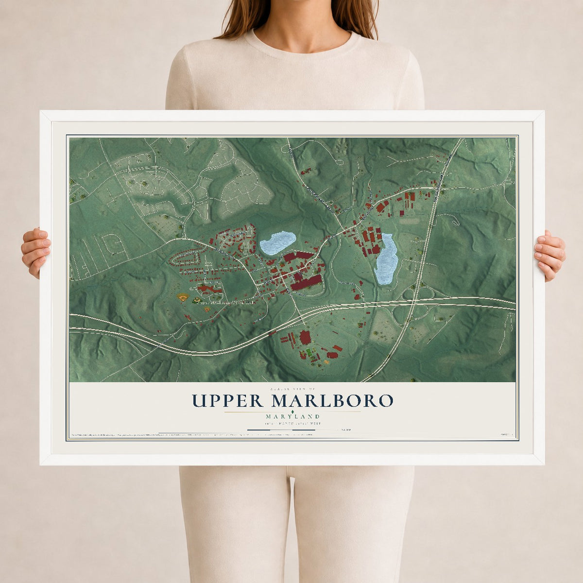 Map of Upper Marlboro, Maryland, 24 x 36 inch print in a white wood frame