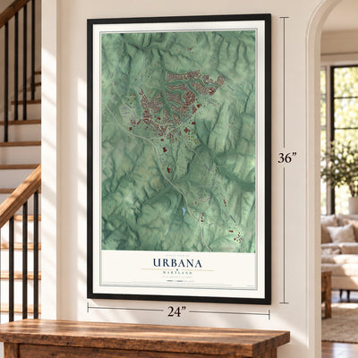 Urbana, Maryland map, 24 x 36 inch print in a black frame by a staircase