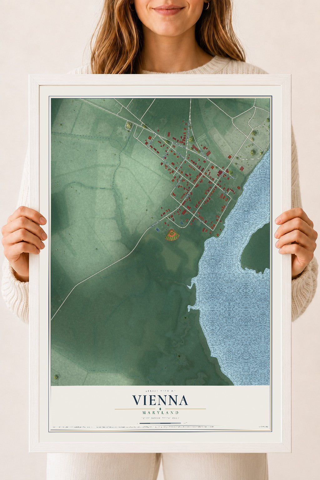 Map of Vienna, Maryland, 18 x 24 inch print in a white wood frame