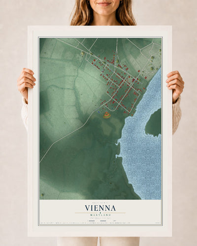 Map of Vienna, Maryland, 24 x 36 inch print in a white wood frame