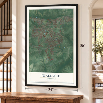 Waldorf, Maryland map, 24 x 36 inch print in a black frame by a staircase
