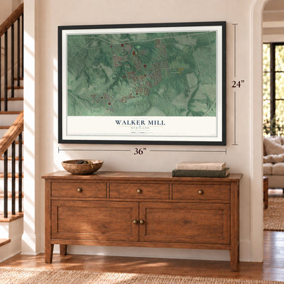 Walker Mill, Maryland map, 24 x 36 inch print in a black frame above a dresser by a staircase