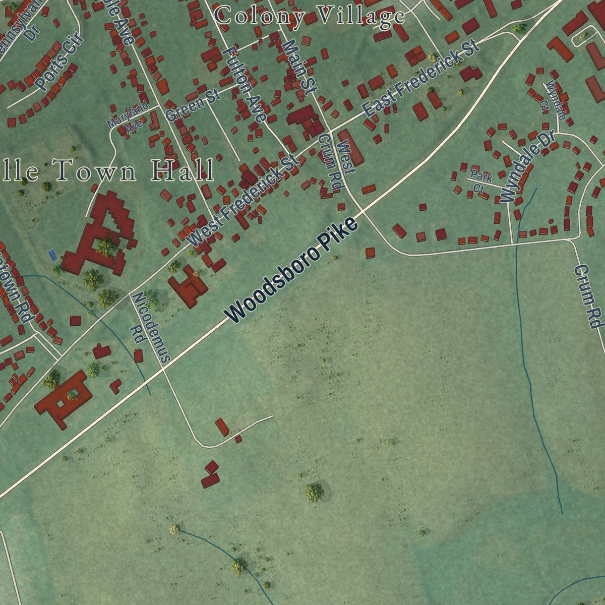 Second close-up of the map of Walkersville, Maryland print showing more streets and buildings