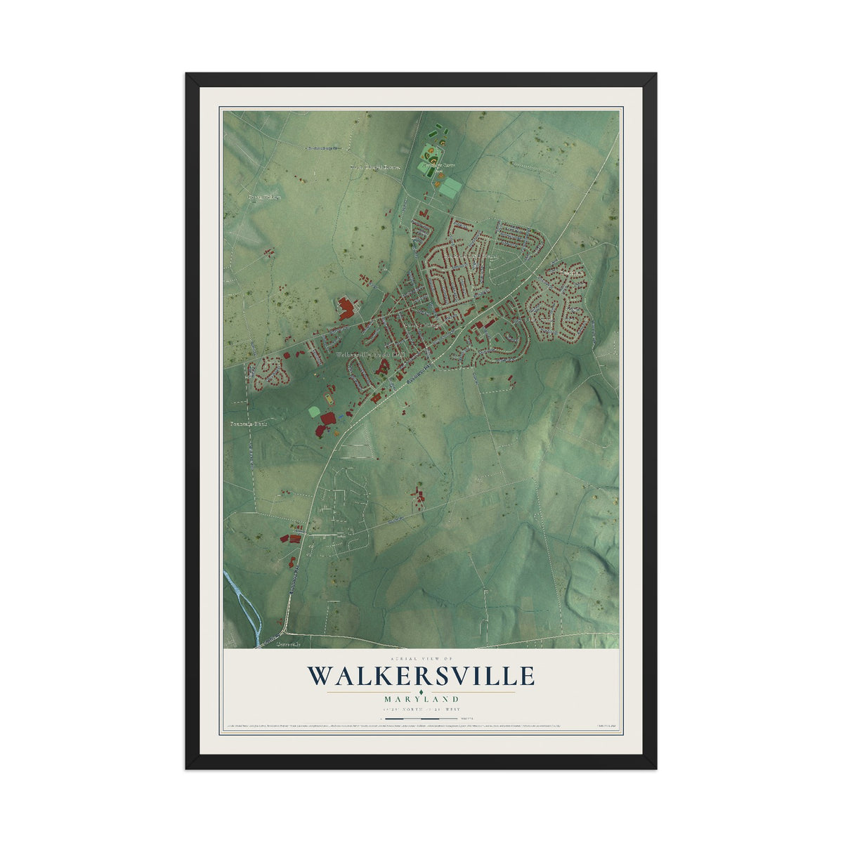 Map of Walkersville, Maryland, 12 x 18 inch print in a black wood frame