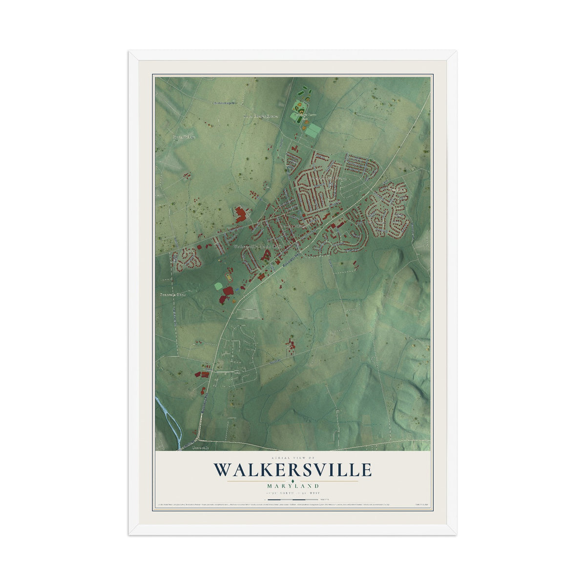 Map of Walkersville, Maryland, 12 x 18 inch print in a white wood frame