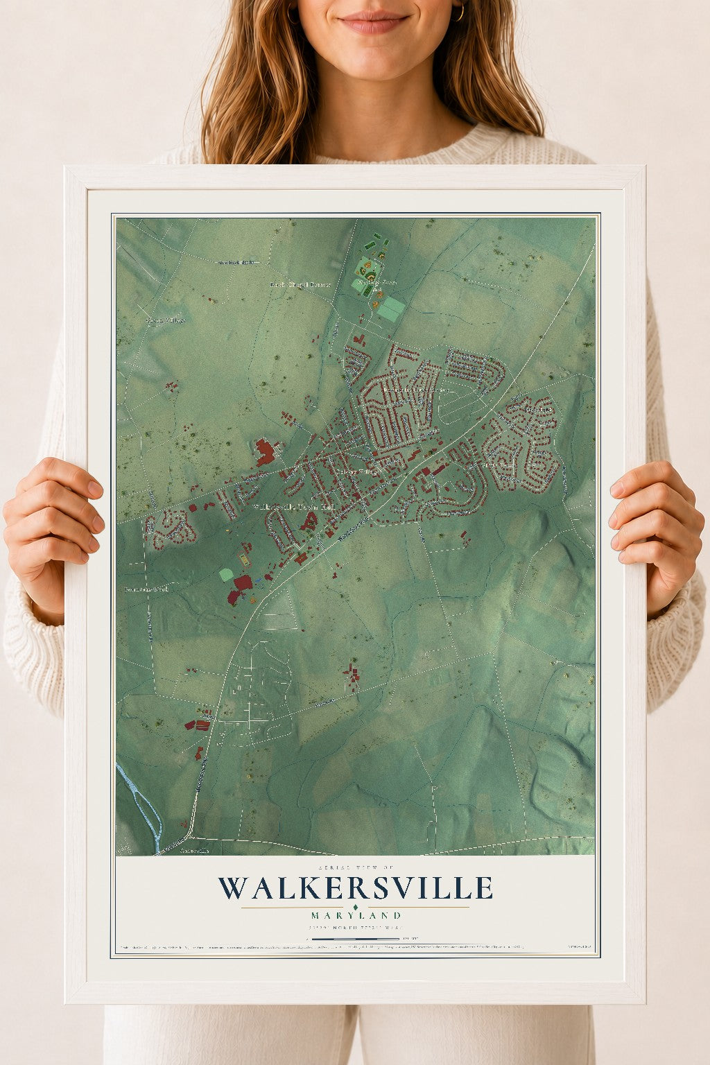 Map of Walkersville, Maryland, 18 x 24 inch print in a white wood frame