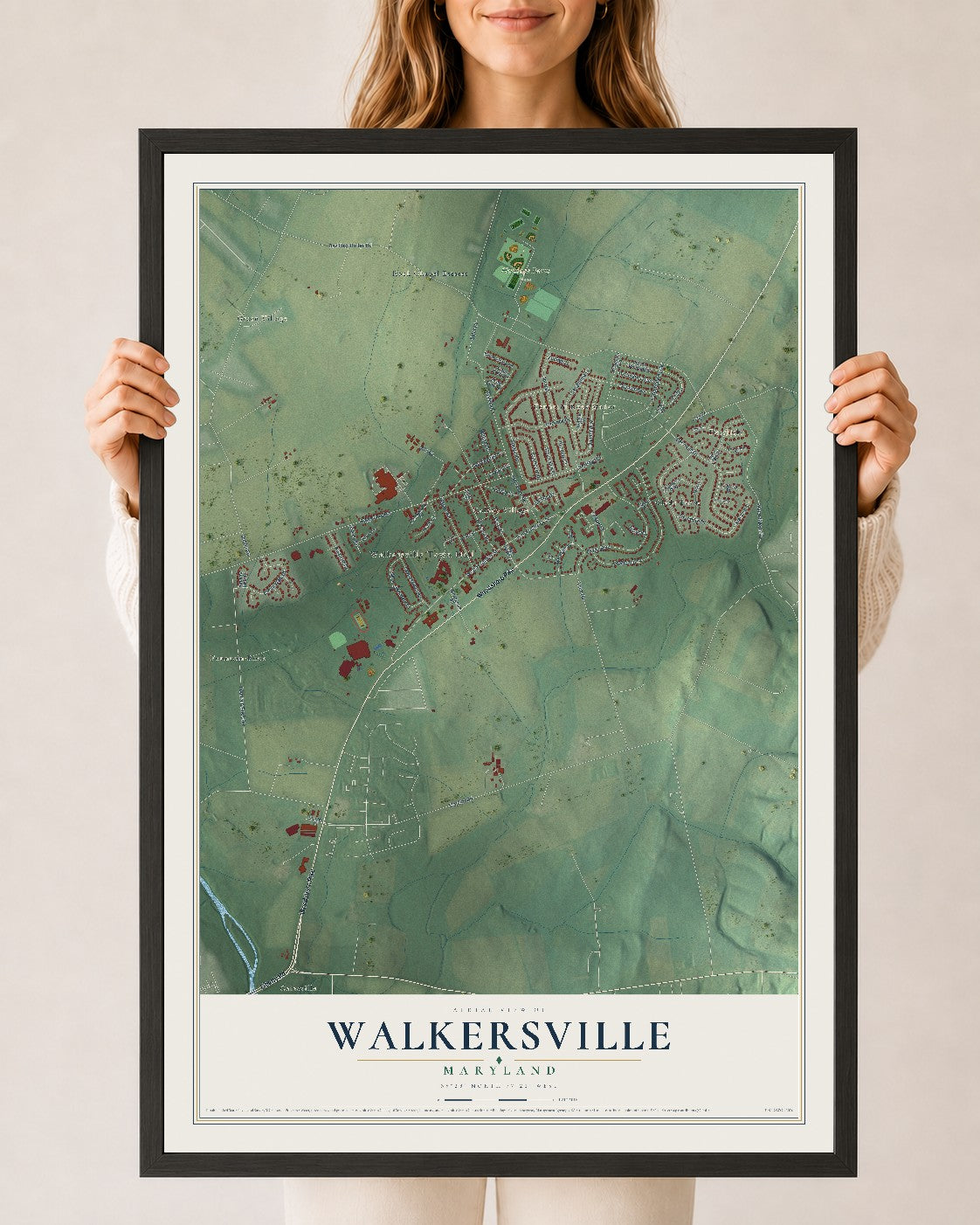 Map of Walkersville, Maryland, 24 x 36 inch print in a black wood frame