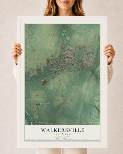 Map of Walkersville, Maryland, 24 x 36 inch print in a white wood frame