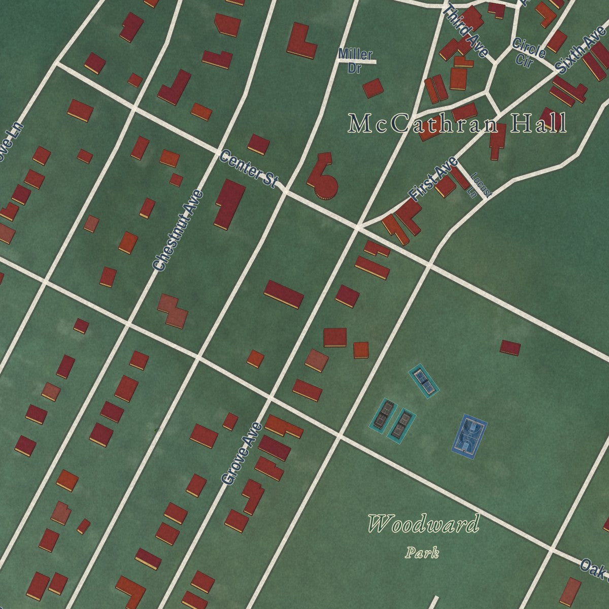 Second close-up of the map of Washington Grove, Maryland print showing more streets and buildings