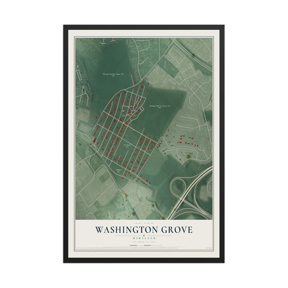 Map of Washington Grove, Maryland, 12 x 18 inch print in a black wood frame