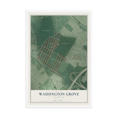 Map of Washington Grove, Maryland, 12 x 18 inch print in a white wood frame