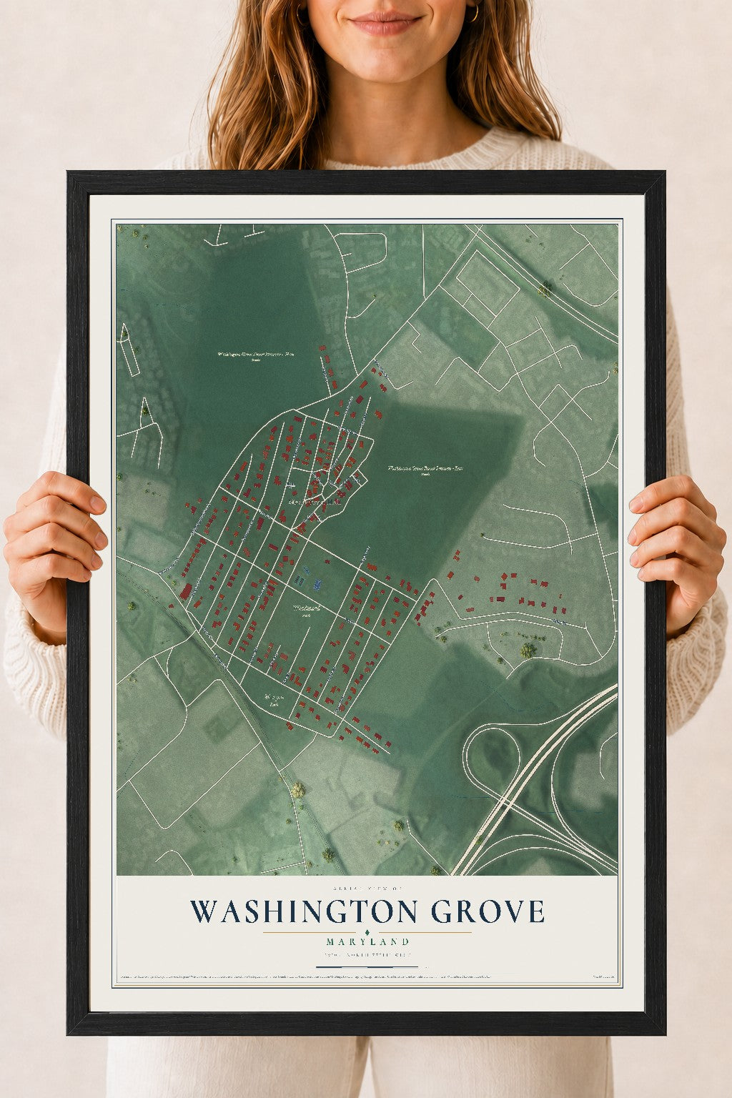Map of Washington Grove, Maryland, 18 x 24 inch print in a black wood frame