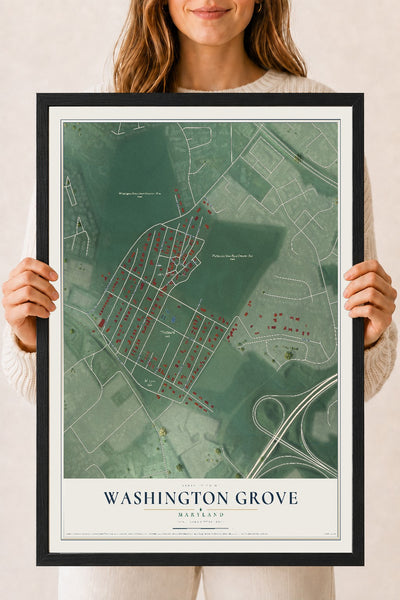 Map of Washington Grove, Maryland, 18 x 24 inch print in a black wood frame