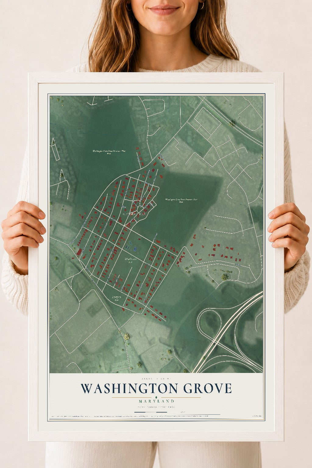 Map of Washington Grove, Maryland, 18 x 24 inch print in a white wood frame