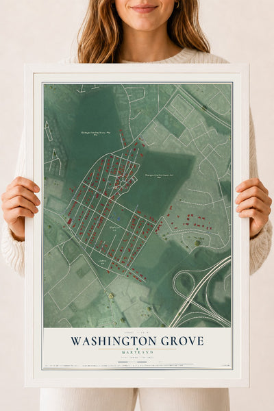 Map of Washington Grove, Maryland, 18 x 24 inch print in a white wood frame