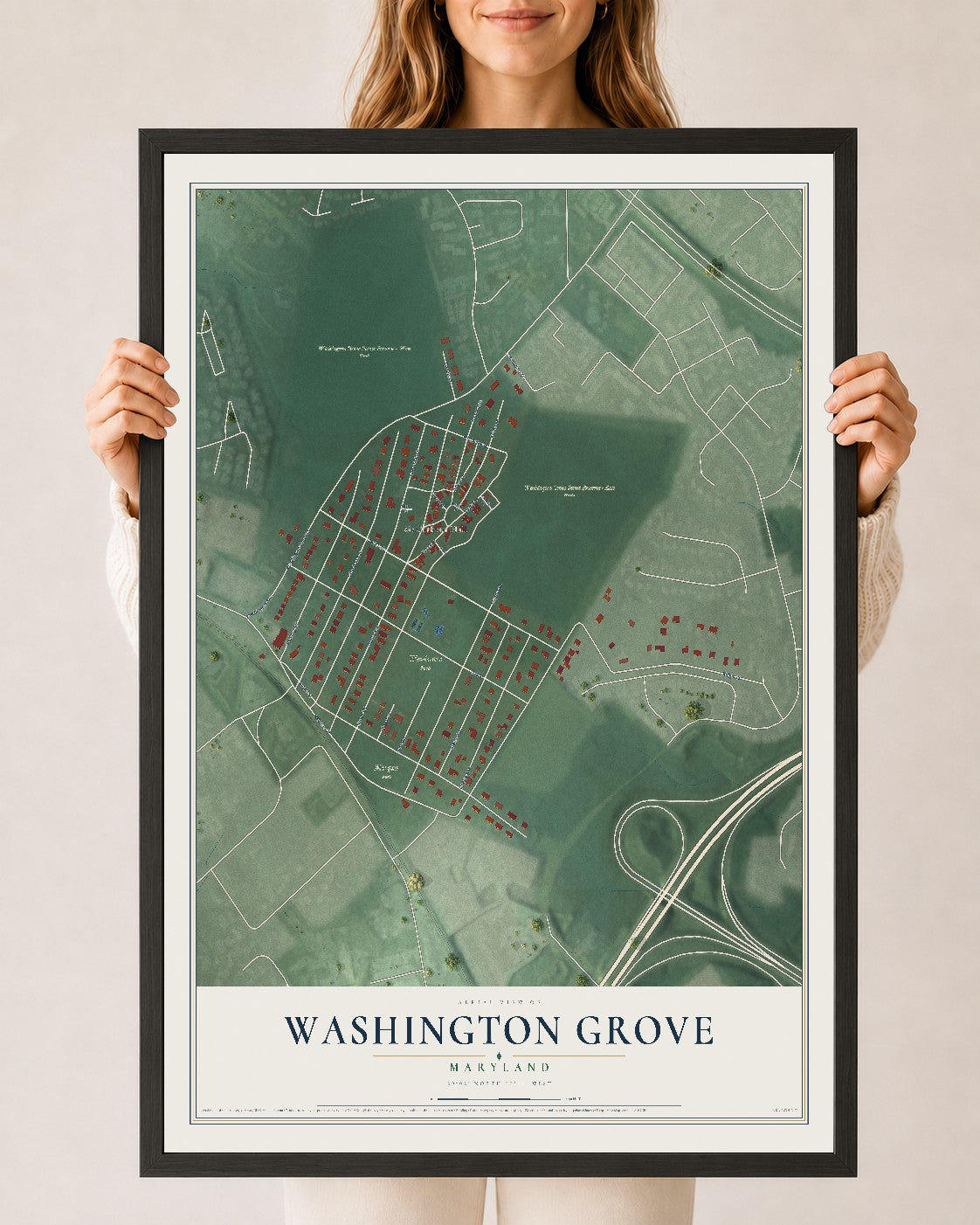 Map of Washington Grove, Maryland, 24 x 36 inch print in a black wood frame