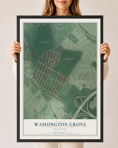 Map of Washington Grove, Maryland, 24 x 36 inch print in a black wood frame