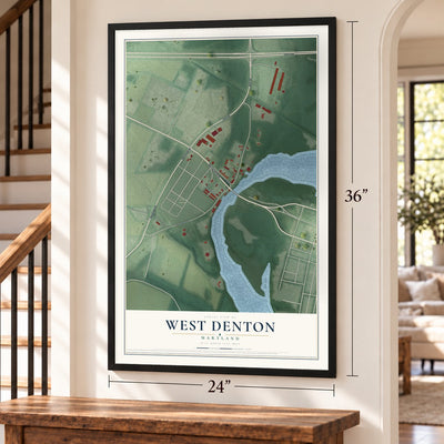 West Denton, Maryland map, 24 x 36 inch print in a black frame by a staircase